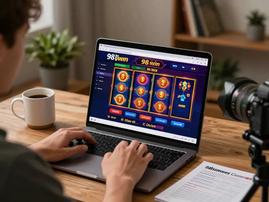 Player enjoying slot games on 98win online casino platform in a cozy home office setting.