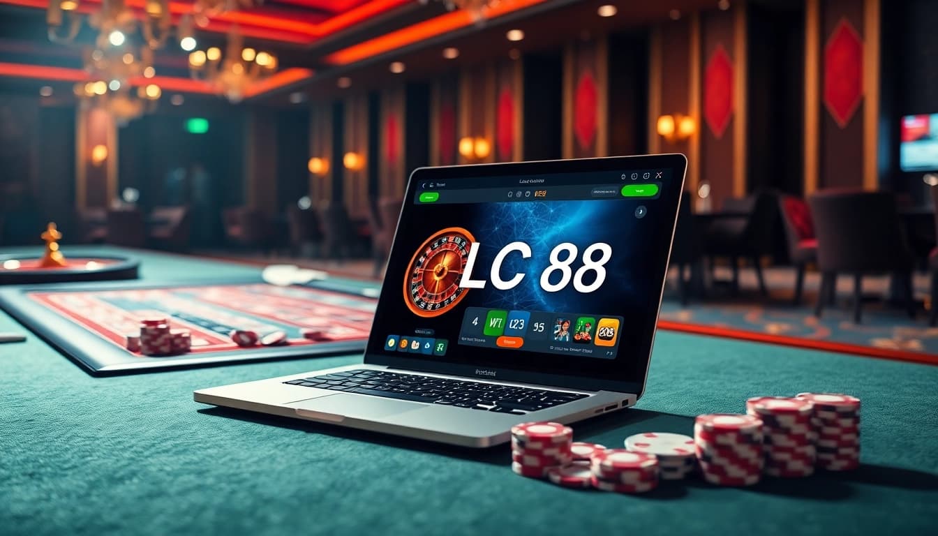 Experience online gaming excitement at LC88 with vibrant roulette wheels and poker chips.