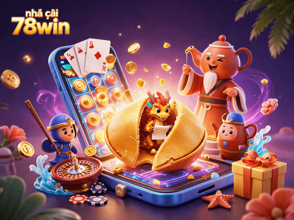 Experience the excitement of nhà cái 78win with a colorful 3D illustration of a fortune cookie and casino elements.