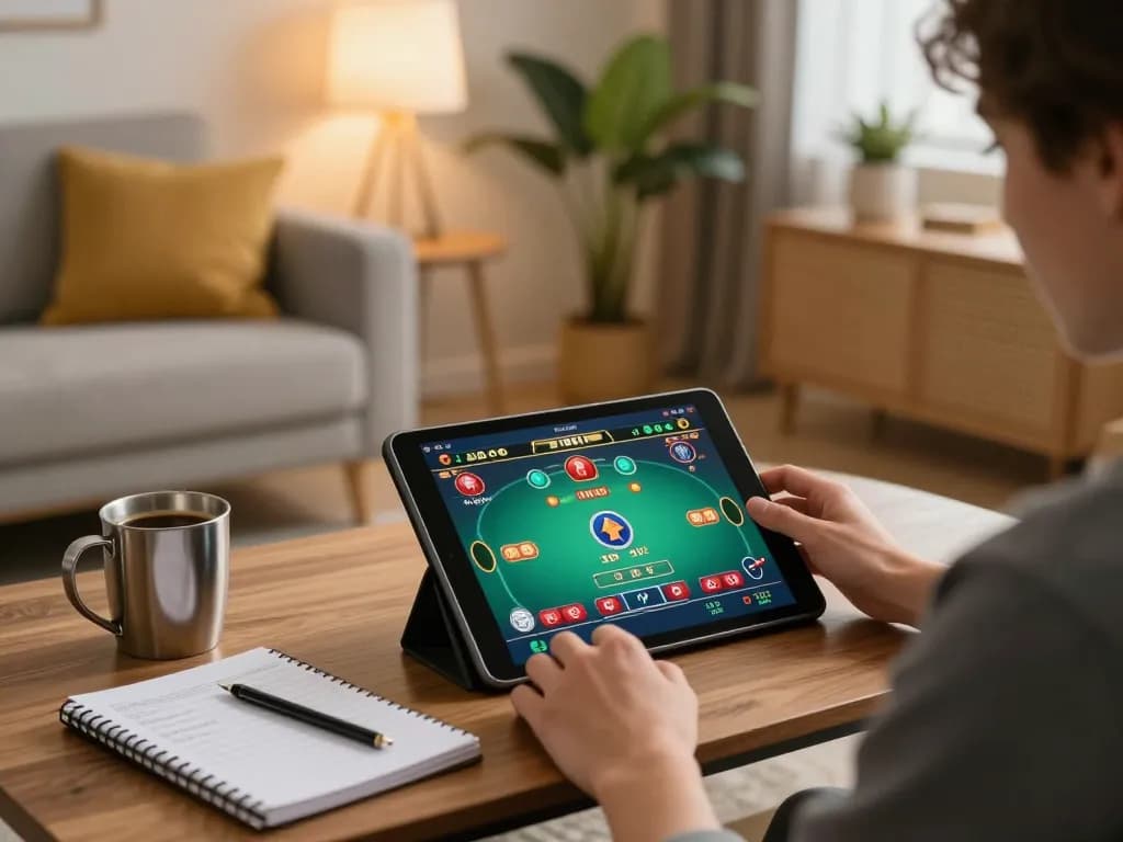 Engaging and strategic online gaming experience at Tin88 with tablet gameplay and cozy setting.