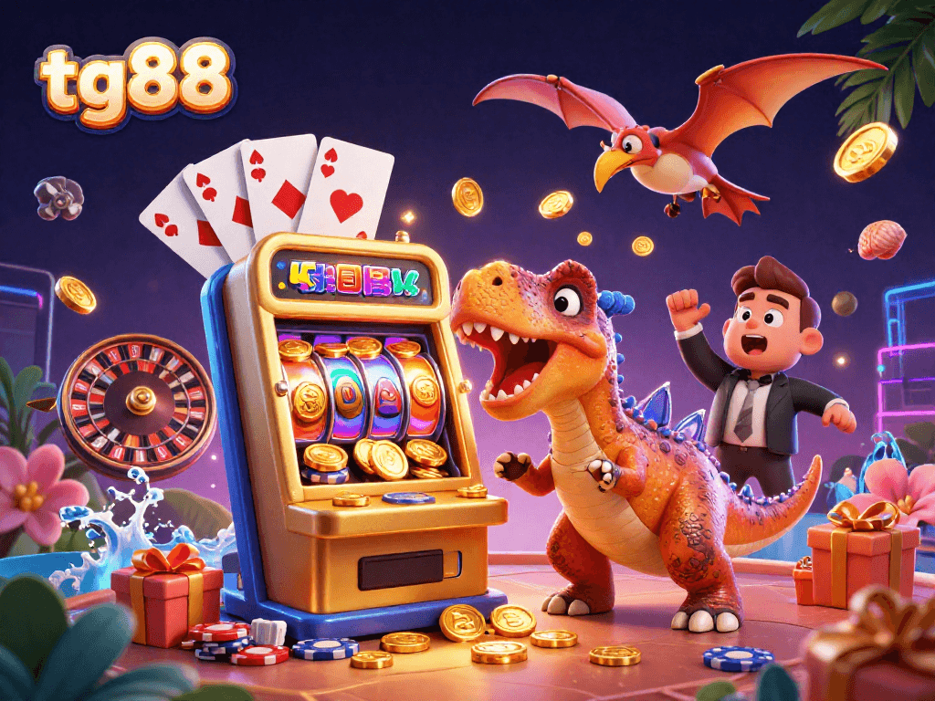 tg88 attracts big wins as a pachycephalosaurus hits a slot machine, capturing flowing jackpot coins.