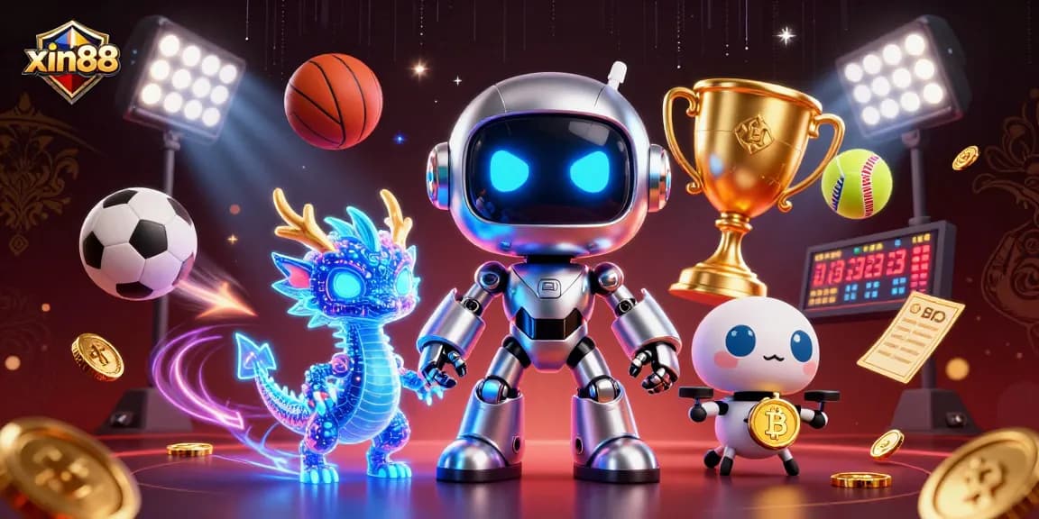 Engage with xin88 through vibrant 3D casino characters and dynamic gaming elements like sports balls and trophies.