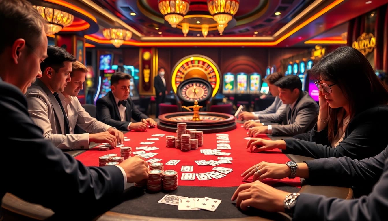 High-stakes poker action scene at NK88 casino with vibrant chips and focused players.