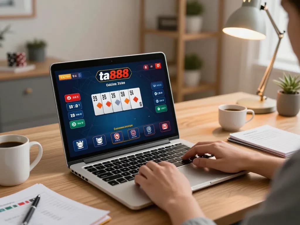 Engaging scene of a player focusing on the ta888 poker game interface, showcasing the thrill of online casino gameplay in a cozy home setting.
