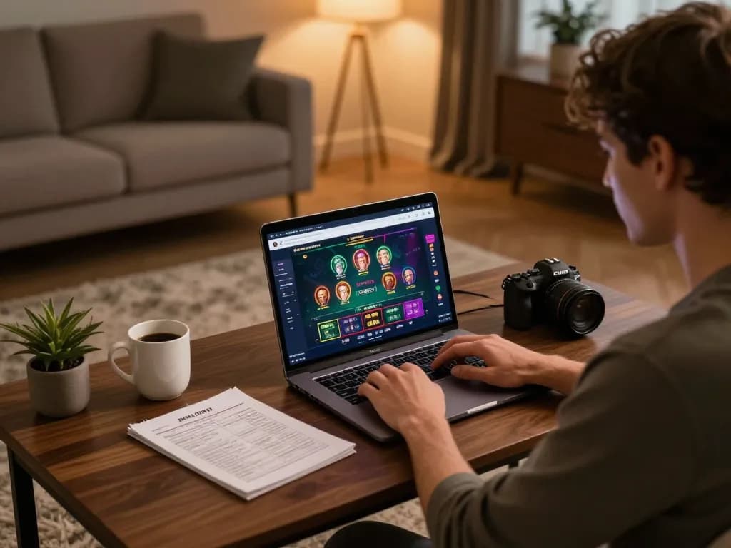 Player engaging with Xin88 online platform on a laptop, showcasing a cozy home gaming setup with betting strategies visible.