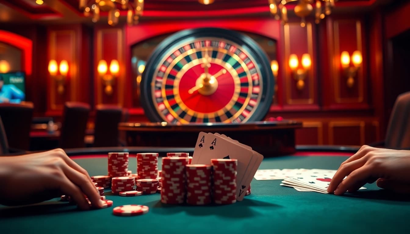 Experience thrilling gameplay at fb88 with high-stakes poker chips and lavish casino decor.