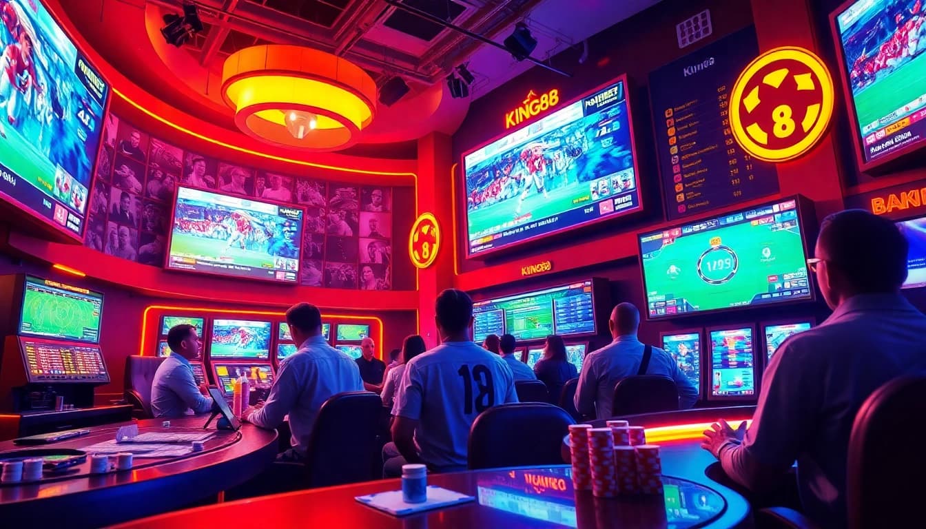 Cá cược thể thao King88 offers an exciting betting scene with punters placing bets amid dynamic screens.