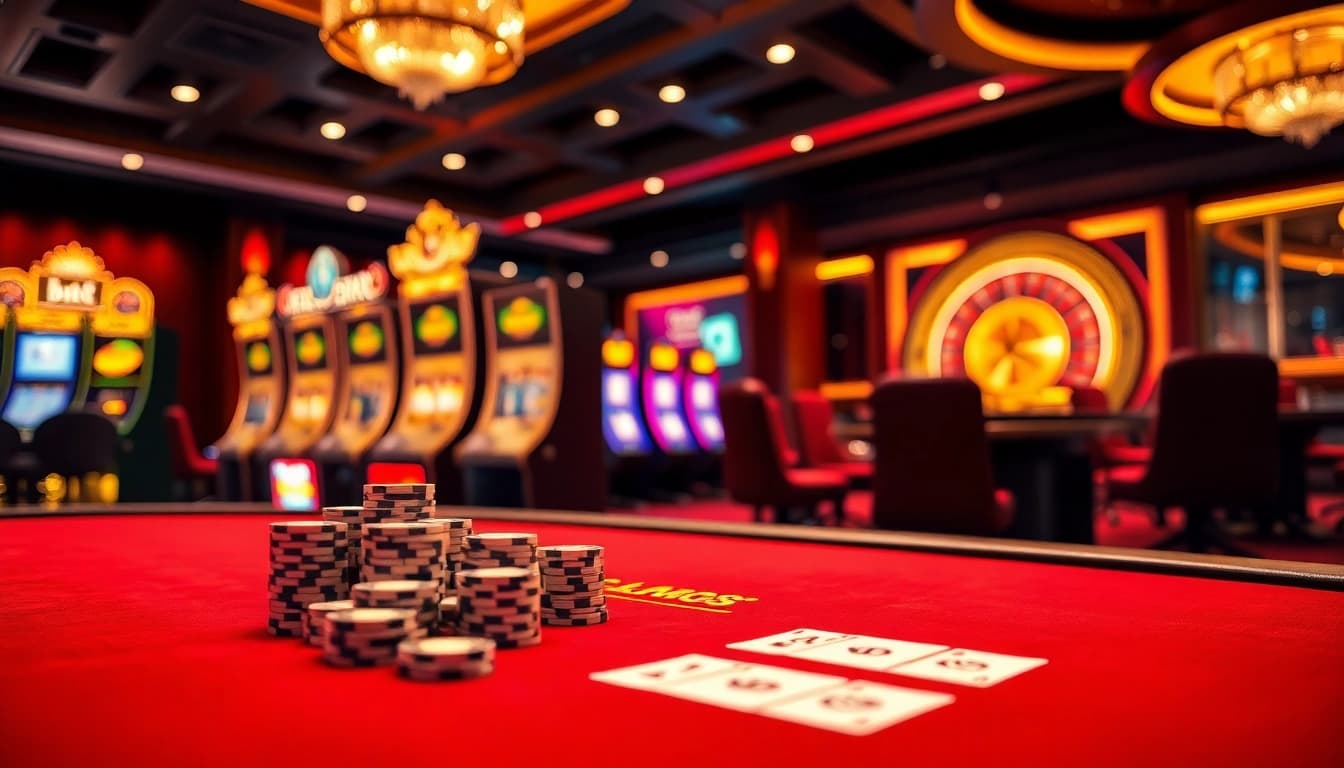 Experience the excitement of playing casino games at Hello88 with vibrant poker tables and lavish slot machines.