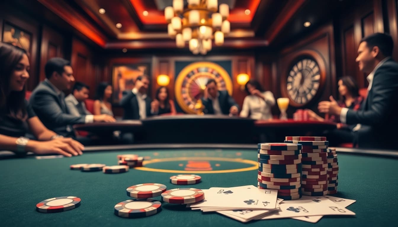 Players experiencing excitement at a tg88 poker table with vibrant chips and cards.