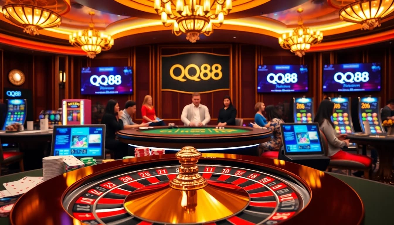 Experience thrilling gameplay with https://qq88.life adorned with vibrant poker chips and a roulette wheel.