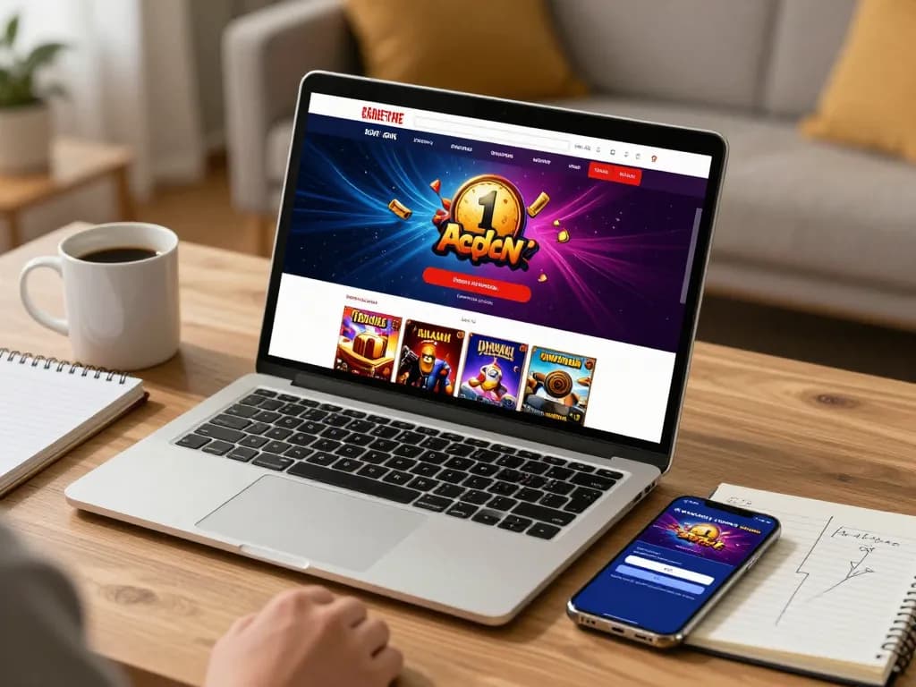 Using a laptop for 918Kaya login and registration from a comfortable home setup with vibrant game display.
