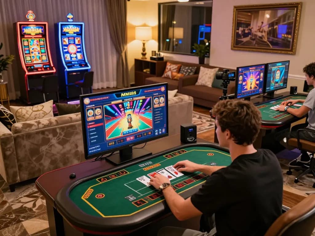 Engaged user betting on MM88 casino app with multiple screens showcasing vibrant games.