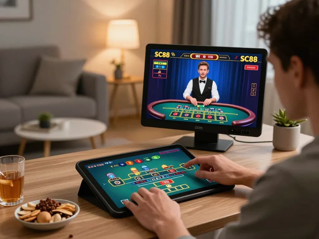 Player enjoying strategic online gaming experience on SC88 tablet in a cozy home setup