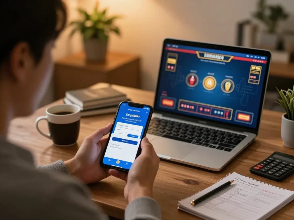 sungaitoto login in action, user engaging with online gambling on smartphone and laptop in cozy home.