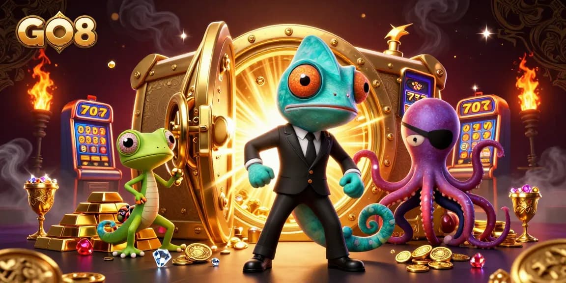 Engaging GO8 scene showcasing a 3D chameleon and friends celebrating amidst slots and treasures.