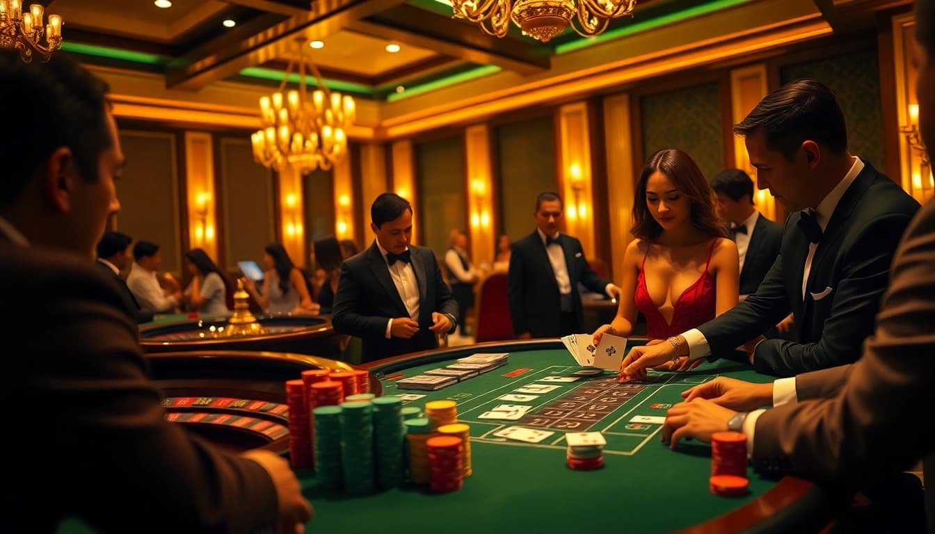 Players engage in high-stakes poker at a luxurious casino, with daga-themed decor enhancing the excitement.