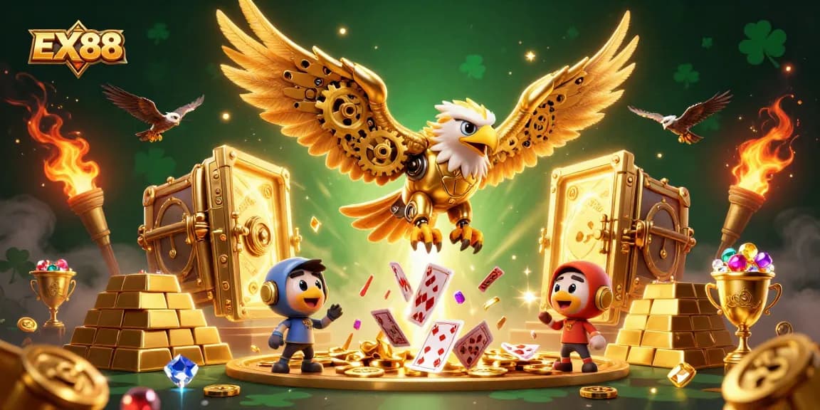 Experience the thrill of winning at EX88 with vibrant treasures and animated casino elements.