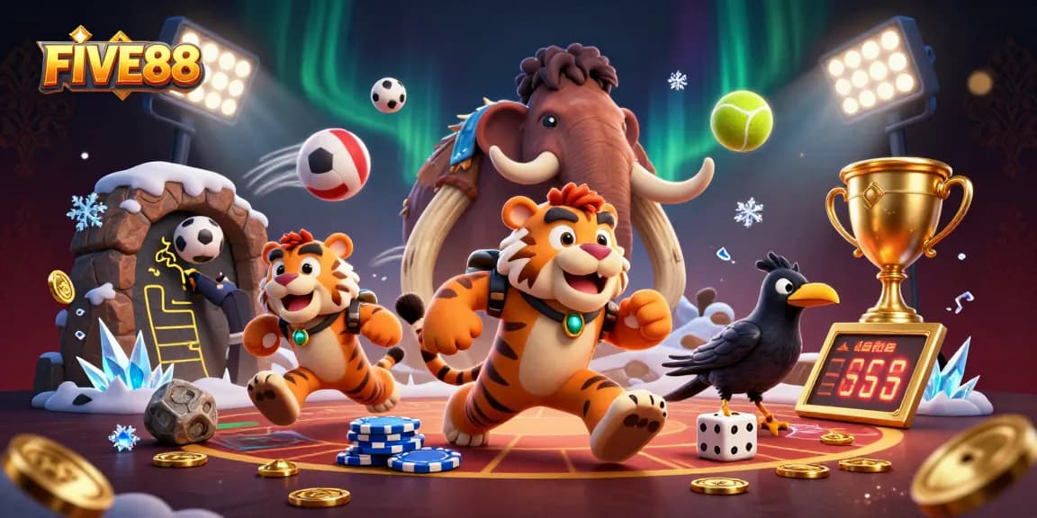 Engage in thrilling gameplay at FIVE88 Casino with a vibrant 3D scene of exciting characters and casino elements.