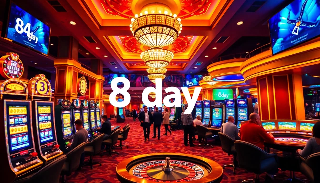 Experience excitement at 8day’s vibrant casino with players engaging at dynamic tables and slot machines.