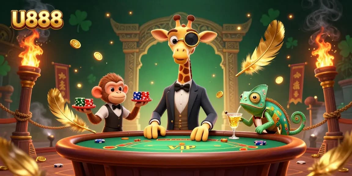 U888 gaming scene with a high-roller giraffe at a poker table, vibrant casino elements.