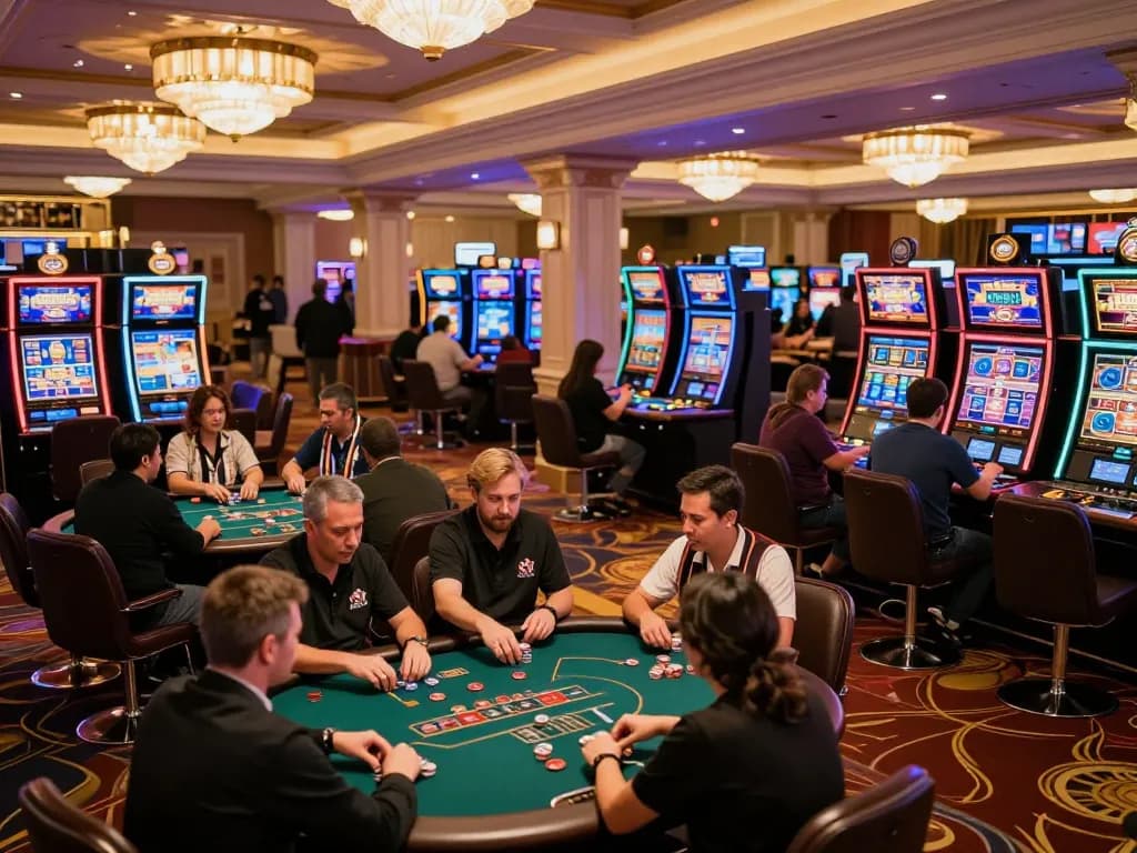 Bsport players enjoy an exciting night at a vibrant casino, engaging with various slot machines and table games.