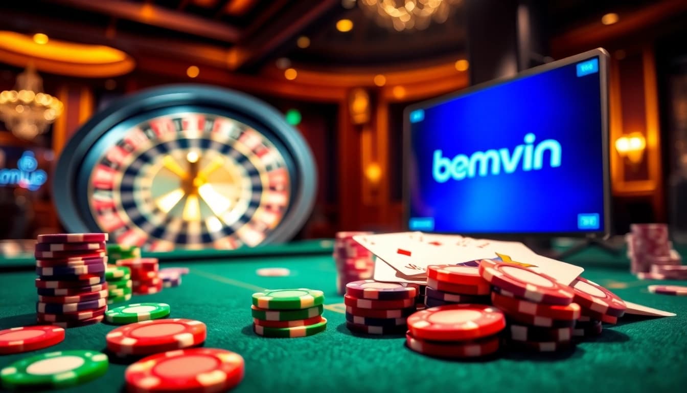 Experience high-stakes gaming at the luxurious bomwin casino table with vibrant chips and cards.