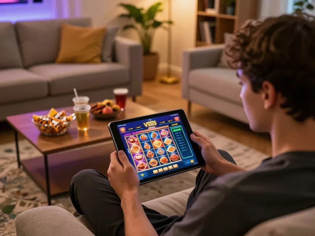 Player engaged with VS555 casino app, showcasing online gaming setup in a cozy living room