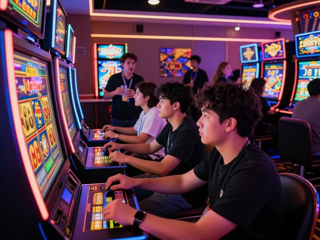 Players enjoying the thrilling experience of Login Lucky88 in a vibrant casino environment with colorful slot machines.