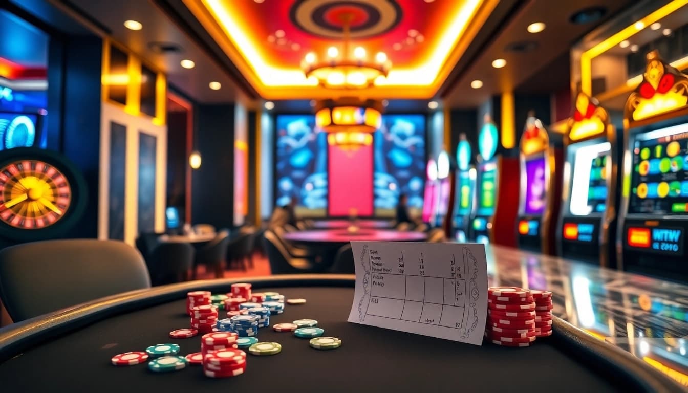 Experience the thrill of debet gambling with vibrant casino scenes featuring poker, roulette, and slots.