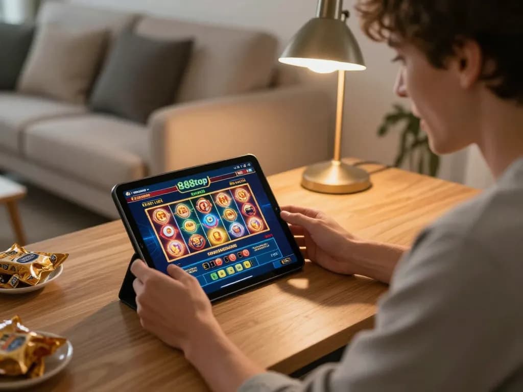 Engaging moment of user playing slots on 888top casino app at home, showcasing excitement and strategy.