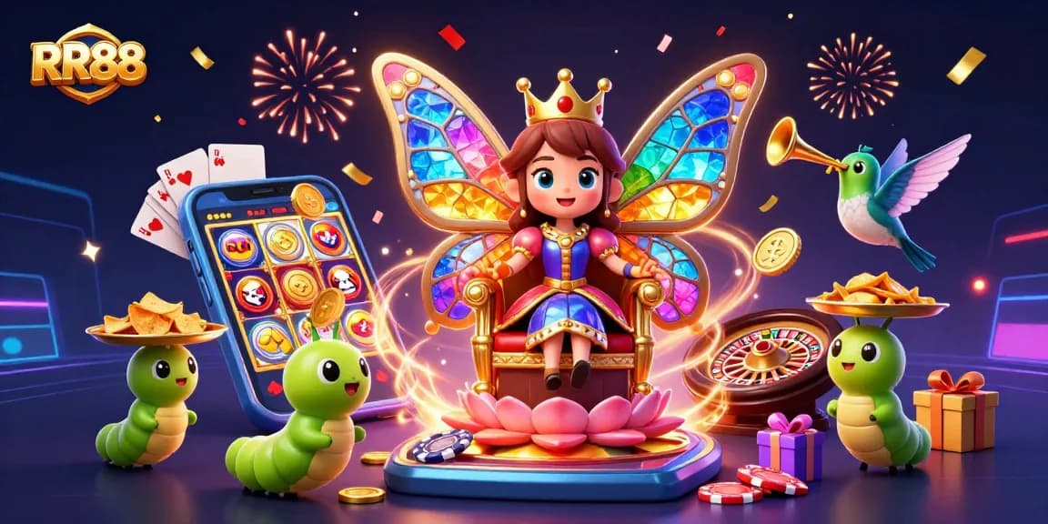 RR88 showcases a vibrant 3D scene with a butterfly queen and festive casino elements, including spinning slot reels and poker chips.