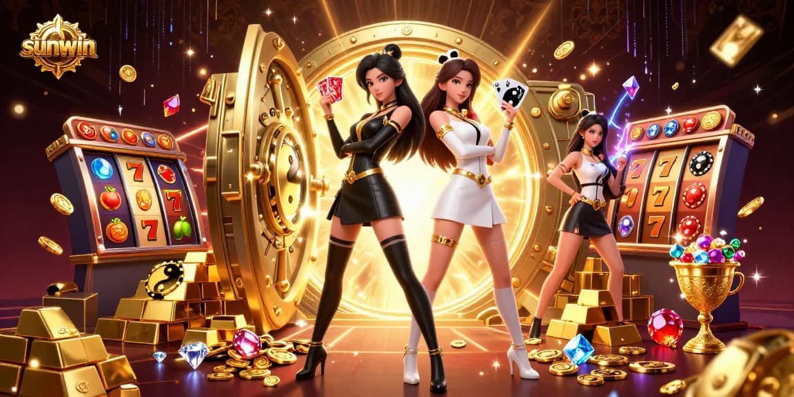 Engage in thrilling gameplay with sunwin, featuring twin Asian women holding cards and surrounded by casino treasures.