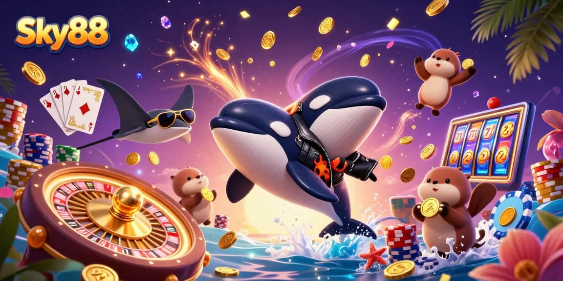 Sky88 showcases an exciting casino scene with dynamic characters and vibrant gaming elements.