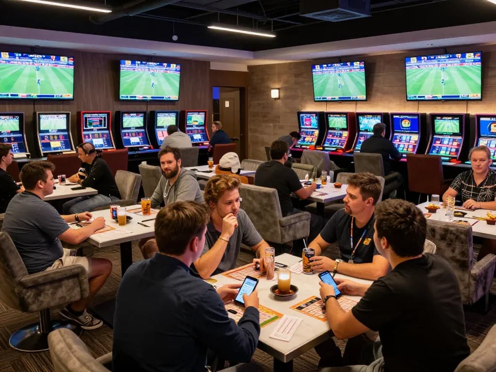 Placing bets at KKBD's lively sports betting lounge with multiple screens and enthusiastic bettors.