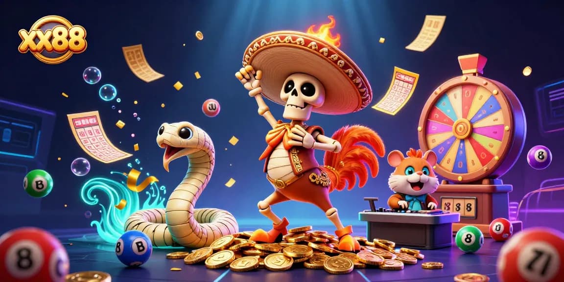 Experience thrilling gameplay at xx88 with a vibrant scene of characters amidst lottery excitement.