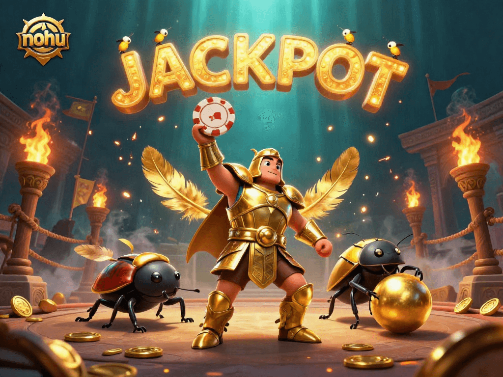 Nohu illustrates a victorious beetle in gladiator armor lifting a poker chip above a bustling casino scene.
