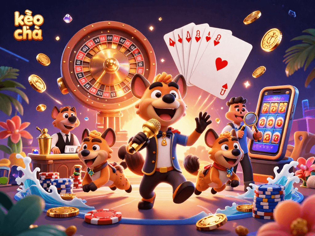 Place bets at kèo nhà cái with lively hyenas enjoying casino activities amid gold coins and gems.