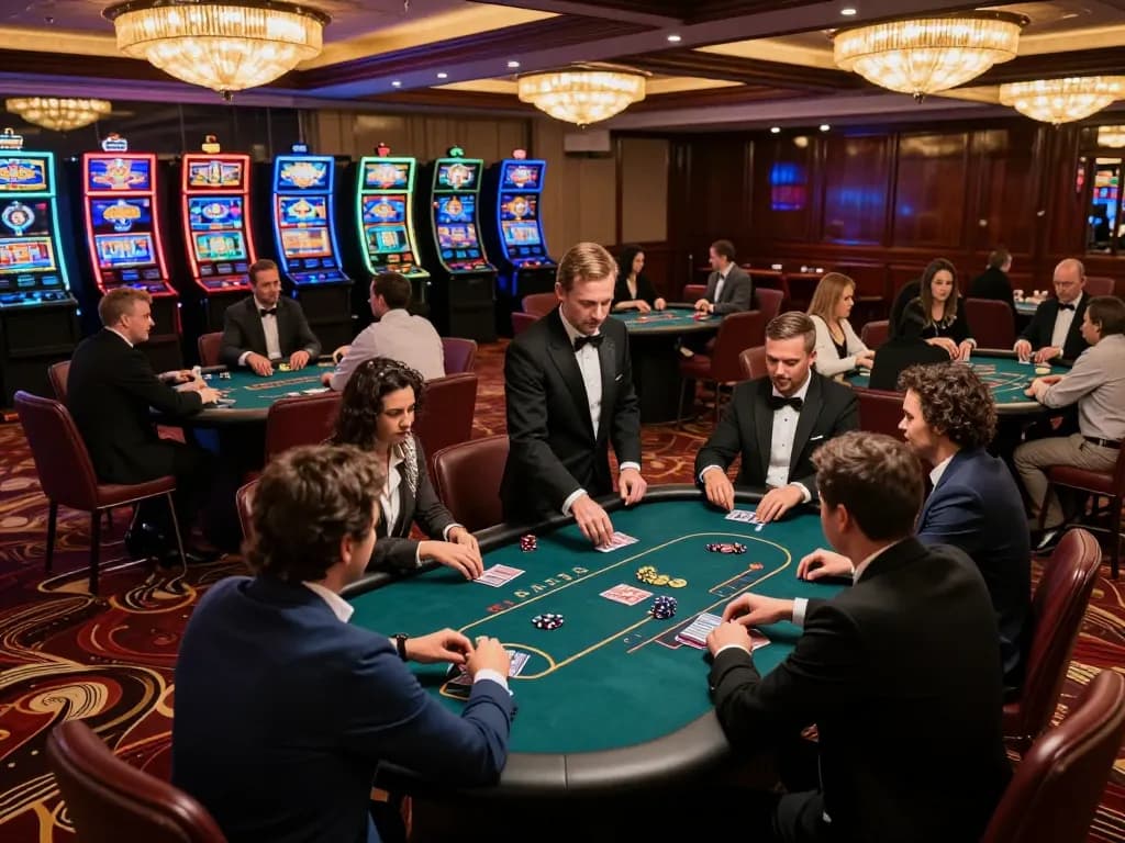 Players engaging in strategic gameplay at 577F's upscale poker tables amid an elegant casino atmosphere