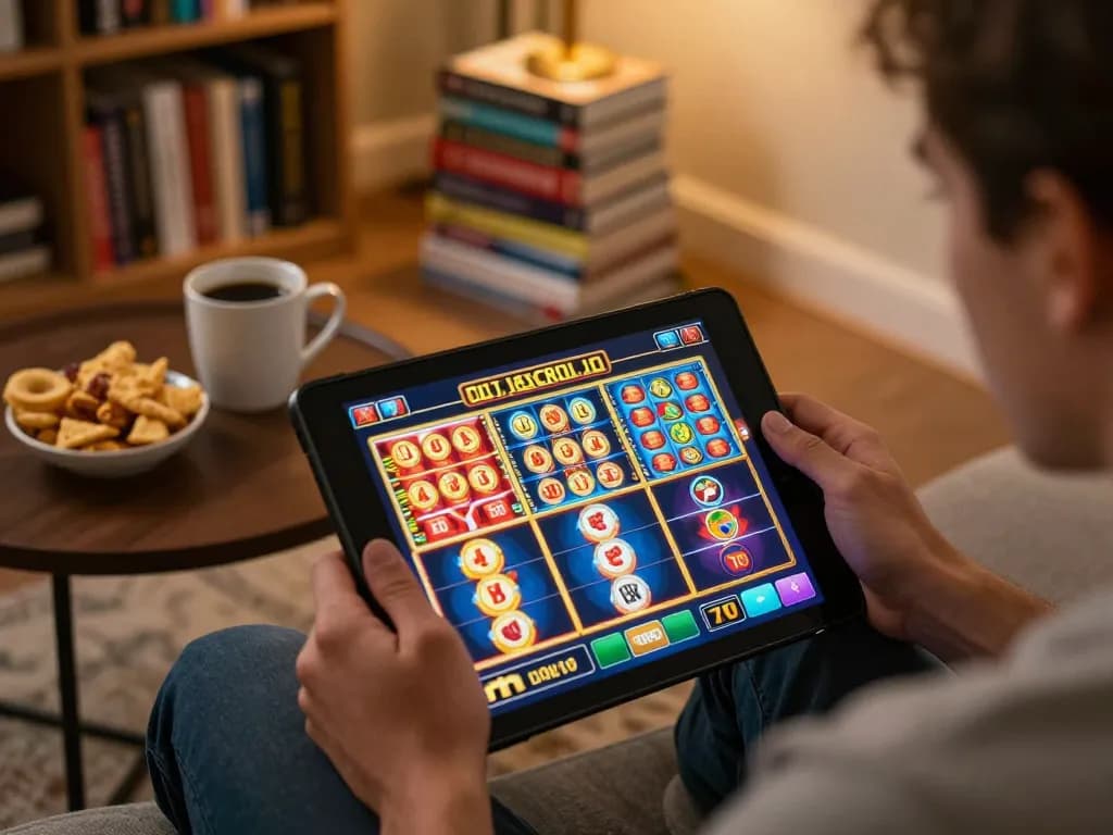 Pemain menikmati permainan slot vt789 di tablet dalam pengaturan permainan rumah yang nyaman.