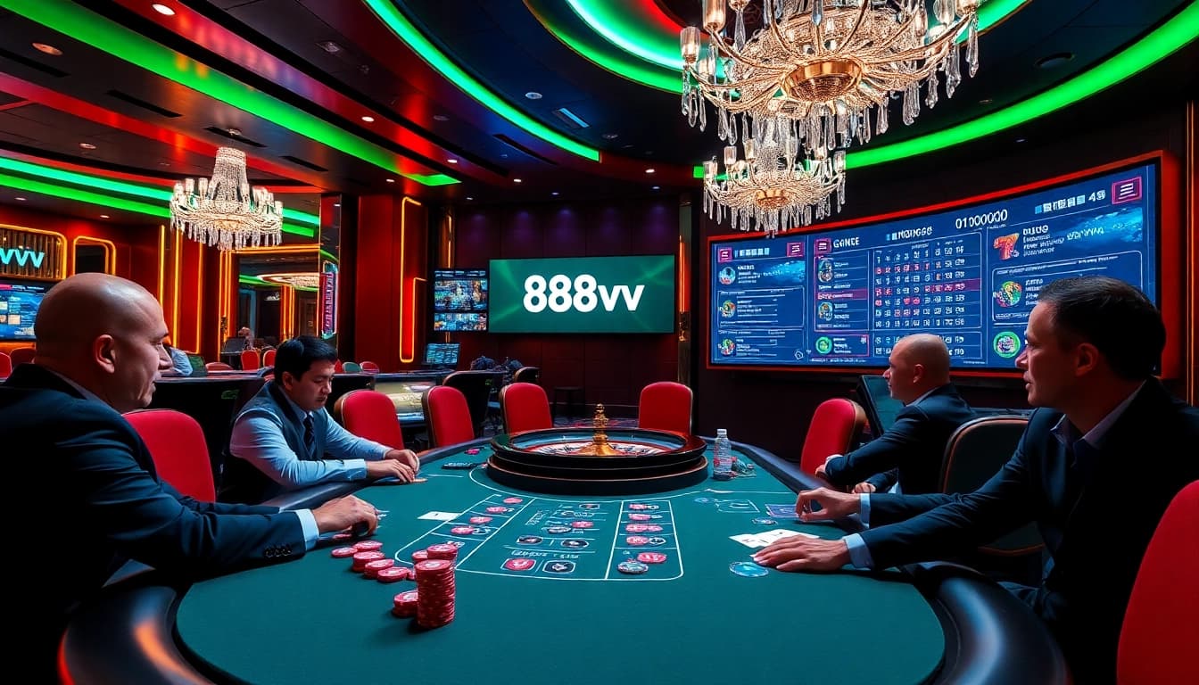 Players engaging in high-stakes poker at 88vv online casino, showcasing luxury and excitement.