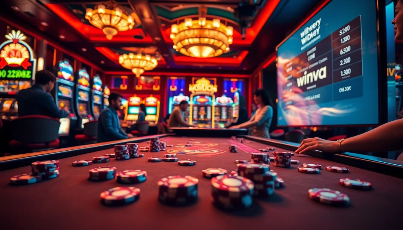Players enjoy thrilling poker games at a vibrant winvn casino table, surrounded by exciting slot machines.