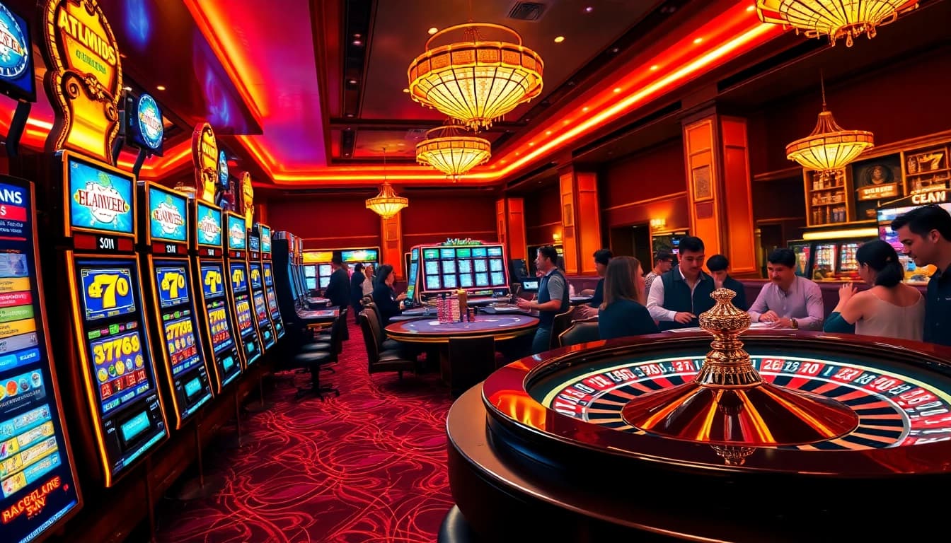 Iwin68 engaging scene showcasing thrilling slots and poker tables in a luxurious casino setting.