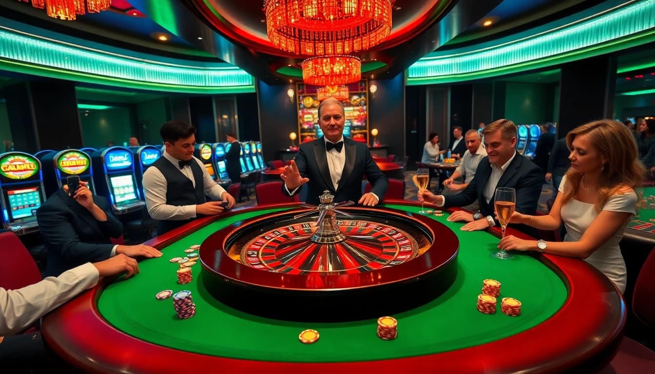 Experience high-stakes gaming at https://2haywin.art/ with players engaged around a roulette wheel.