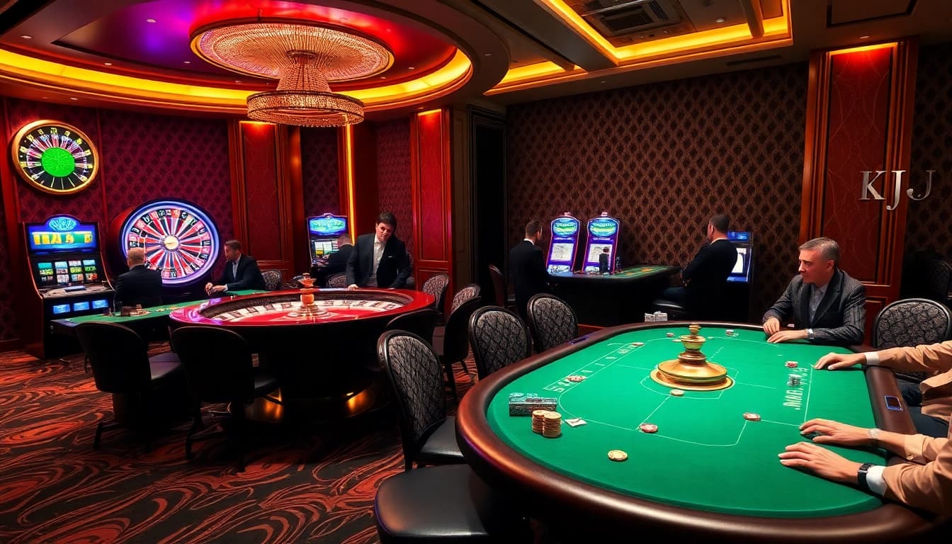KJC luxury casino environment featuring poker and roulette games, inviting gambling excitement.