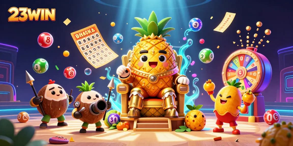 Engage with the vibrant 23WIN casino scene filled with colorful elements and dynamic characters.