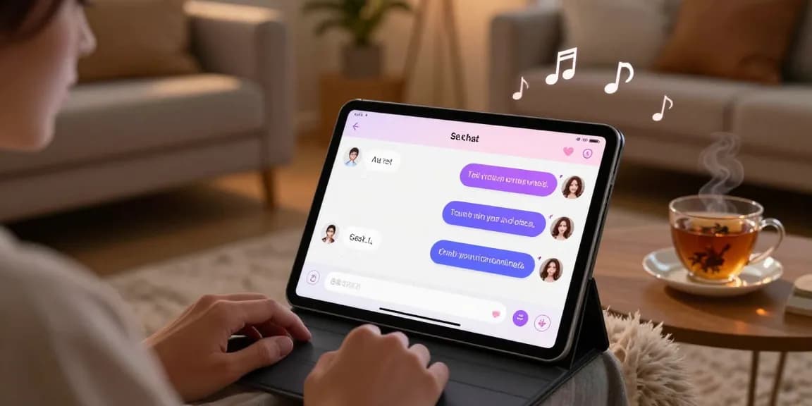 User engaging in ai sex chat on a modern tablet in a cozy living room.