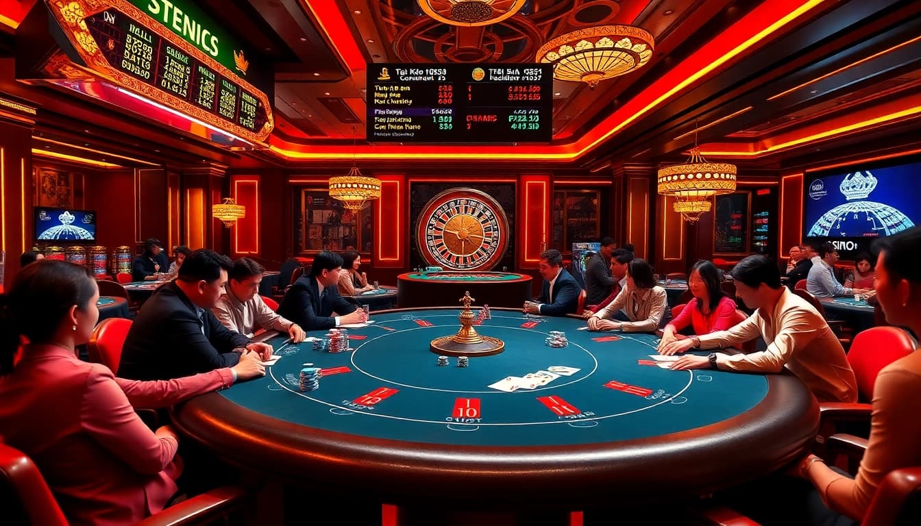 Tỷ lệ kèo displayed elegantly in an upscale casino with players engaged in poker, showcasing luxury and excitement.