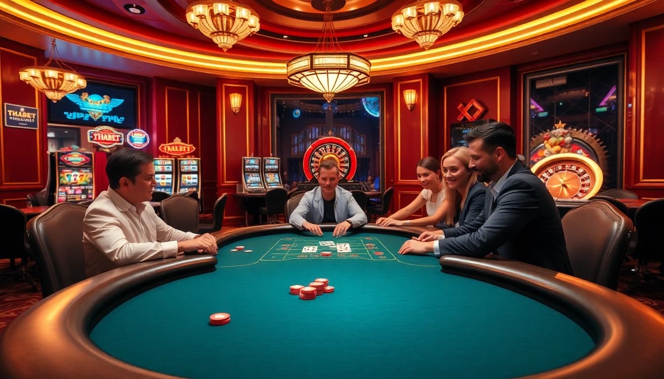 Players strategizing over a THABET poker table in a vibrant casino setting.