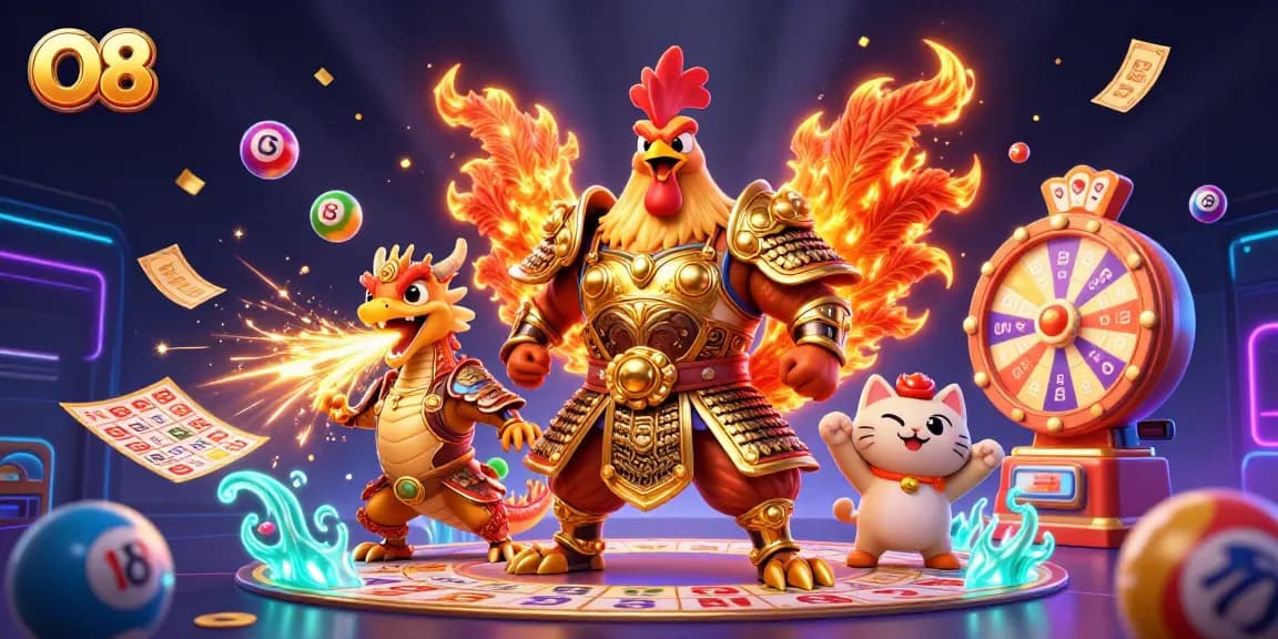 O8 features a dynamic scene of a rooster warrior and dragon hatchling amidst vibrant gaming elements showcasing thrilling betting opportunities.
