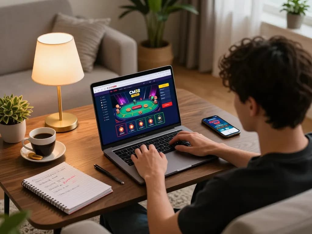 Engaged player at home using nhà cái CM88 for online casino gaming, showcasing betting options on laptop.